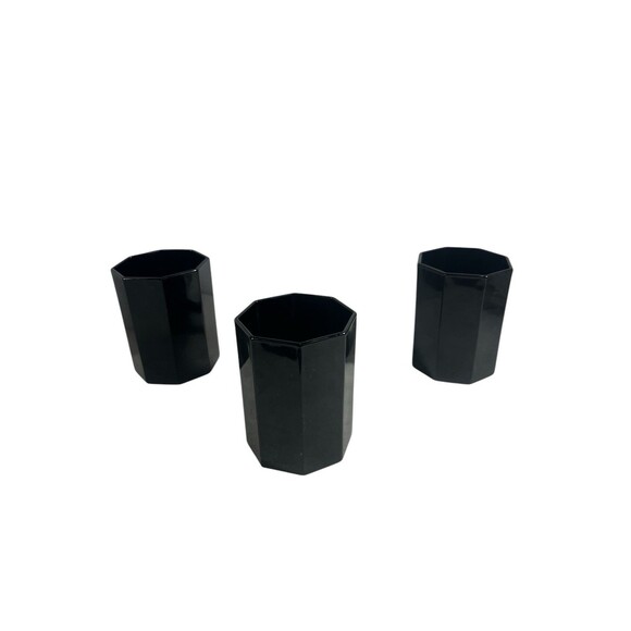 Vintage Black Glass Arcoroc Octime France Octagon Coffee Mugs Cups 8oz Set Of 3 - Picture 5 of 11